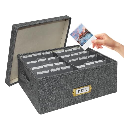 Linen Photo Storage Box with Lid & Dividers, Decorative Photo Organizer Box with Side Handle for up to 1700 4x6 Pictures, Memory Keepsake Organizer for Family Baby Photos, Cards, Letters, Crafts, Grey