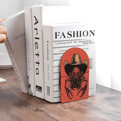Crawfish Wearing Cowboy Hat Western Rustic Bookends | 2 Pcs Wooden Book Stopper Organizer For Home Office Libraries