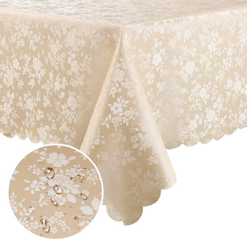 Smiry Rectangle Waterproof Heavy Duty Vinyl Tablecloths, 60 x 140 Inch | Wipeable Washable Floral Embossed Table Cover for Kitchen and Dining Room, Indoor & Outdoor Use, Beige - color: Beige, size: 140" x 60" (Rectangular)