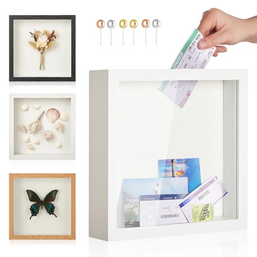 Travel Adventure Archive Shadow Box Frame with Slot, 12x12in White | Perfect Travel Gift for Women, Men, and Couples. Travel Keepsake Box to Preserve Tickets, Photos, and Memories From Adventure - color: White, size: 12x12in