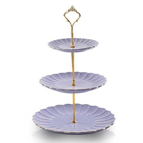Sweejar 3 Tier Ceramic Cake Stand Wedding, Dessert Cupcake Stand for Tea Party Serving Platter (Purple) - color: Purple
