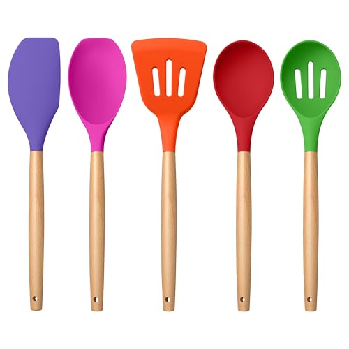 E-far Silicone Cooking Utensils Set, 5-Piece Kitchen Utensils Set with Wooden Handle for Cooking, Silicone Kitchen Nonstick Tools Spatula Turner Slotted Spoons, Nontoxic & Heat Resistant-Colorful - color: Multicolor, size: 5
