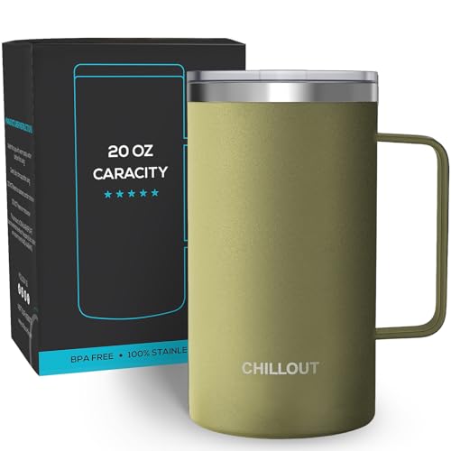 CHILLOUT LIFE Stainless Steel 20 oz Vacuum Insulated Coffee Mug with Handle and Lid, Large Thermal Camping Coffee Mug Cup with Durable Sliding Lid for Men & Women, Keeps your Beverages Hot/Cold - color: Army Green, size: 20 Ounces