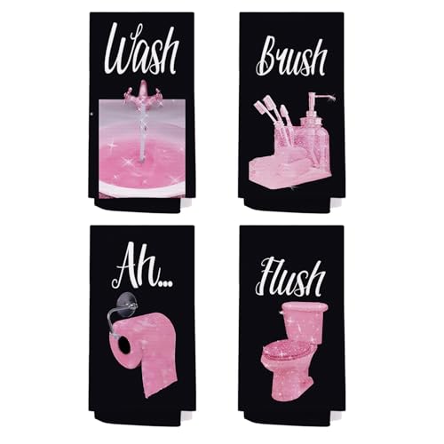 SPBL&L Black and Pink Bathroom Decor,Pink and Black Bathroom Towels Set of 4,Girly Accessories Set Hand Towels, 16x24 Inches - color: Bathroom-pink Black