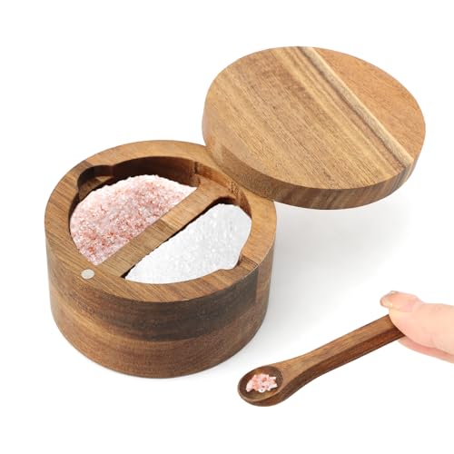 Saycker Wood Salt and Pepper Bowl, with Swivel Lid and Spoon Round Salt Container Spices Storage Box(10.3cm/4.06inch Dia) - color: L