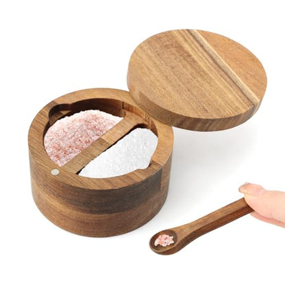 Saycker Wood Salt and Pepper Bowl, with Swivel Lid and Spoon Round Salt Container Spices Storage Box(10.3cm/4.06inch Dia) - color: L