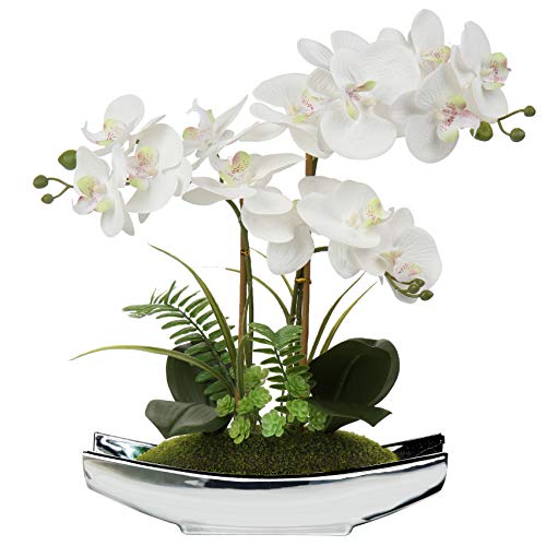 Briful 15" White Faux Orchid Arrangement in Silver Boat Pot Table Decor | Real Touch Phalaenopsis Flowers with Moss for Table Centerpiece Office Desk Bathroom Vanity Living Room Decor - color: White Silver Boat Pot