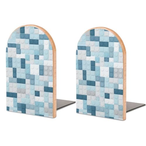 Wood Book Ends for Shelves Bookshelf with Metal Base, Construction Building | Blocks Colorful Bricks Rainbow, Desktop Organizer, Heavy Duty Bookends for Office Home Dorm Decoration, 1 Pair - color: Style(506)