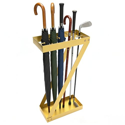 Gold Entryway Umbrella Holder - Indoor Umbrella Stand with Hooks, Stores Umbrellas & Canes, Anti-tip Design for Homes, Offices, Hotel Lobbies - color: Gold