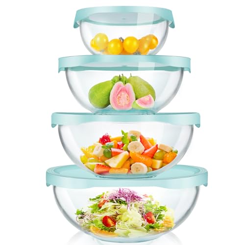 Luvan Borosilicate Clear Glass Mixing Bowls with Lids Set of 4 (0.53qt, 1.1qt, 2.1qt, 3.7qt), Space Saving Nesting Bowls Large Kitchen Salad Bowls for Meal Preping,Baking,Mixing,Dishwasher Safe - color: 4 Pack Light Blue