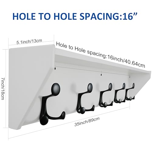 WEBI Wall Shelf with Hooks Underneath,35" Long Wall Mounted Coat Rack with Shelf,Entryway Coat Rack with 5 Triple Hooks for Hanging Coats,Jacket,Hallway,Bedroom,Mudroom,White - color: White, size: 35 Inch