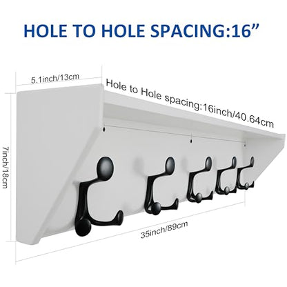 WEBI Wall Shelf with Hooks Underneath,35" Long Wall Mounted Coat Rack with Shelf,Entryway Coat Rack with 5 Triple Hooks for Hanging Coats,Jacket,Hallway,Bedroom,Mudroom,White - color: White, size: 35 Inch