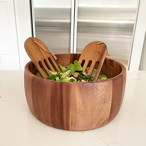 Woodard & Charles Acacia Wood 10" Salad Bowl with Salad Hands, 3 Piece Set | 10" x 4" Acacia Wood Salad Bowl With Salad Hands; Toss and Serve Salad, Fruit and More. Ideal for Parties and Everyday Use - size: 10" x 4" Acacia Wood Bowl with Salad Hands