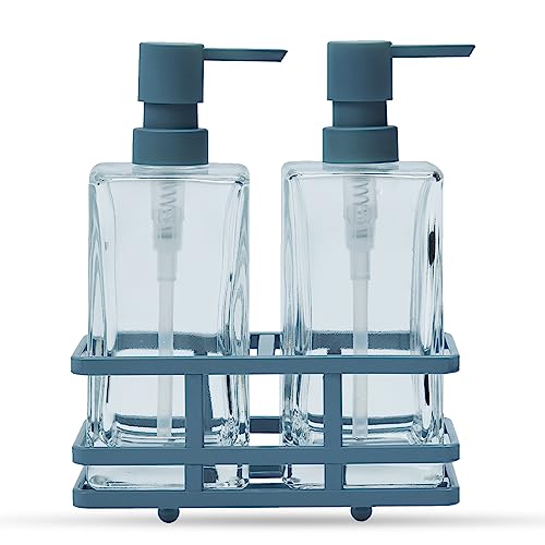 Square 3 Piece Glass Clear Lotion and Soap Pump Dispenser Set with Metal Stand Caddy for Bathroom Bath Kitchen Home Office Travel Hotel Hand Crafted Heavy Weight Spa Blue - color: Spa Blue