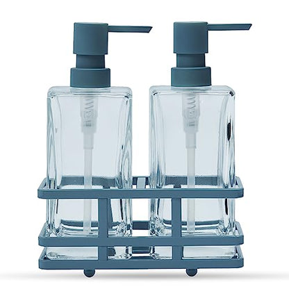 Square 3 Piece Glass Clear Lotion and Soap Pump Dispenser Set with Metal Stand Caddy for Bathroom Bath Kitchen Home Office Travel Hotel Hand Crafted Heavy Weight Spa Blue - color: Spa Blue