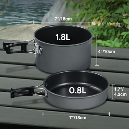 REDCAMP 6/10/11/12/14/15/19 PCS Camping Cookware Mess Kit Camping Gear Campfire Utensils Lightweight Stackable Pot Pan Bowls Soup Spoon with Storage Bag for Camping, Backpacking, Outdoor Cooking - style: Grey,16pcs W/Kettle