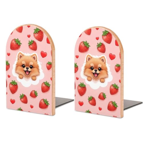 Heavy Duty Wood Book Ends with Metal Base Bookends for Shelves, Pink | Strawberry Heart Dots Dog Print, Decorative Book Organizers, Support for Movies, Magazines, DVDs, 1 Pair - color: Style(637)
