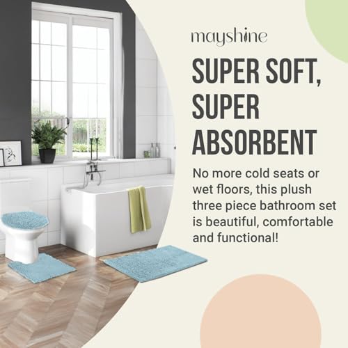 Standard 3pc Set Chenille Bath Mats, Includes 21"x24" U-Shaped Contour Toilet Rug, 21"x34" Inches Bathmat and 1 Toilet Lid Cover, Plush Absorbent Bath Mats Quick Dry, Spa Blue - color: Spa Blue, size: 24"x21", 34"x21" and TLC (Set)