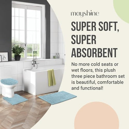 Standard 3pc Set Chenille Bath Mats, Includes 21"x24" U-Shaped Contour Toilet Rug, 21"x34" Inches Bathmat and 1 Toilet Lid Cover, Plush Absorbent Bath Mats Quick Dry, Spa Blue - color: Spa Blue, size: 24"x21", 34"x21" and TLC (Set)