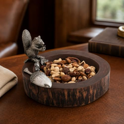 Standing Squirrel Nut Bowl with Pewter Acorn Scoop - Whimsical Mango Wood Dish for Serving Nuts - 8 Inch Diameter