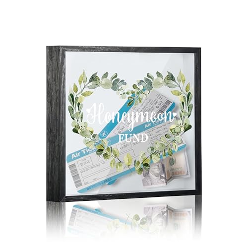 Honeymoon Fund Box, 8×8 Wedding Shadow Box Frame with Slot, Heart-Shaped Eucalyptus Wedding Money Saving Decoration for Reception Bridal Shower, Travel Fund Memory Keepsake Gift -A17 - size: 8×8 heart-shaped eucalyptus