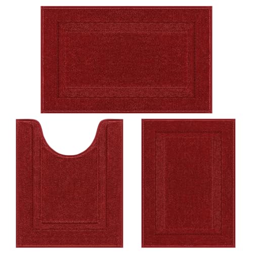 SHACOS Red Bathroom Rugs Sets 3 Piece Small Bath Mat U Shaped Toilet Rug | 20x32+ 16x24+ 20x24, Soft Fluffy Microfiber Bath Rugs Set, Non Slip Washable Absorbent Bathroom Floor Mats Carpet Shower Rug - color: Red, size: 16"x24"+ 20"x32"+U Shape 20"x24"