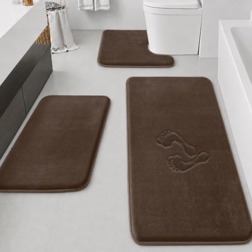 Bathroom Rugs Sets 3 Piece, Non-Slip & Quick Dry Bath Mat Set, Ultra Soft Velvet Bath Rugs for Bathroom, Toilet and Shower Floor, Brown - color: Brown, size: 20"x32"+24"x60"+U Shape 20"x24"