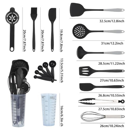 16-Piece Silicone Kitchen Utensil Set with Measuring Cup, Black | Dishwasher-safe BPA-free tools for nonstick cookware, with tongs, whisk, 5 measuring spoons and a 500ml measuring cup holder - color: Black