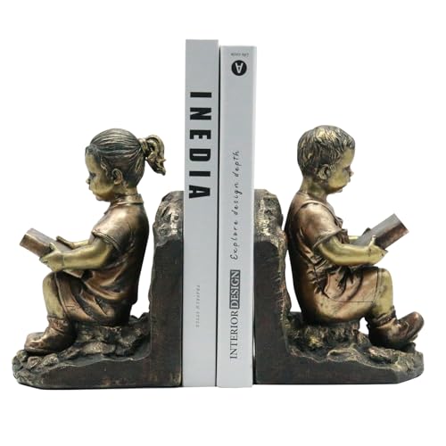 Lukitas Children Reading Bookends, Vintage Bronze Finish, Resin 8'' | Elegant Home Office Desk Decor, Luxurious Ornamental Book Stopper - color: Reader