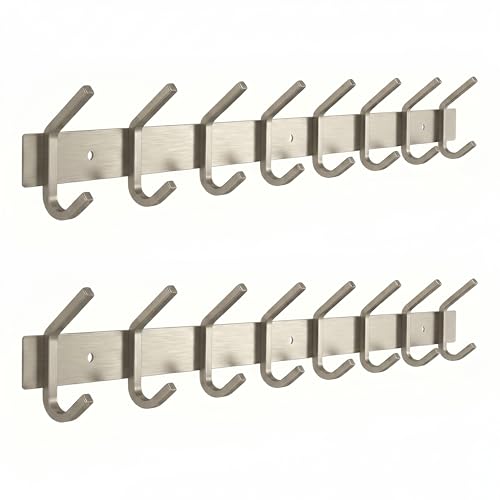 Coat Rack Wall Mount – Brushed Nickel 24 Inch Stainless Steel Hook Rail with 8 Heavy Duty Double Coat Hooks – Wall Mounted Coat Hanger for Entryway, Bathroom, Bedroom, Towel, Hat Organizer - 2 Pack - color: Silver, size: 8 Hooks - 2 Pack
