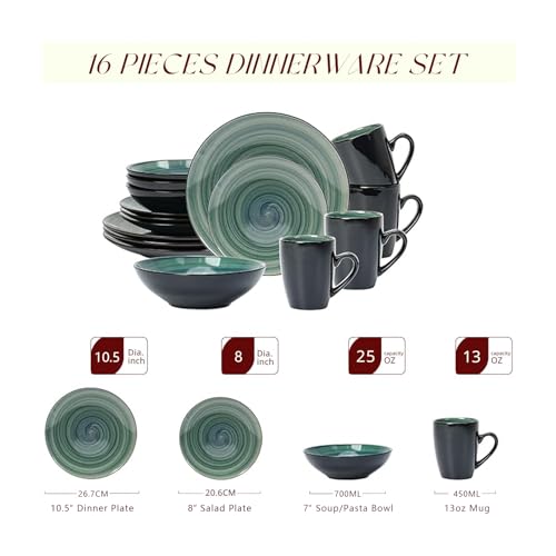 HomeVss Sonoma 16 Piece Stoneware Dinner Set, Outside Black + inside Handpainted Color Blue - color: Blue