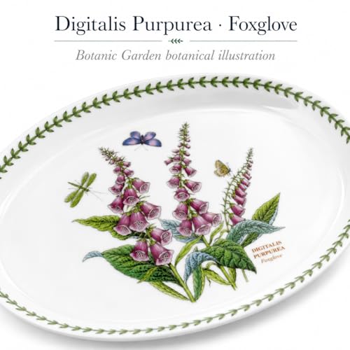 Portmeirion Botanic Garden Oval Platter - Porcelain & Foxglove Motif | 13" Serving Platter for Appetizers, Desserts & More - Dishwasher, Microwave, Freezer & Oven Safe with Chip-Resistant Glaze