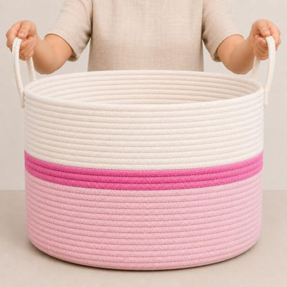 OrganiHaus Round Toy Basket & Blanket Basket, Cotton Rope 20x13" | Striped Pink - Round Cotton Rope Basket, 20x13" - color: Striped Pink, size: Wide