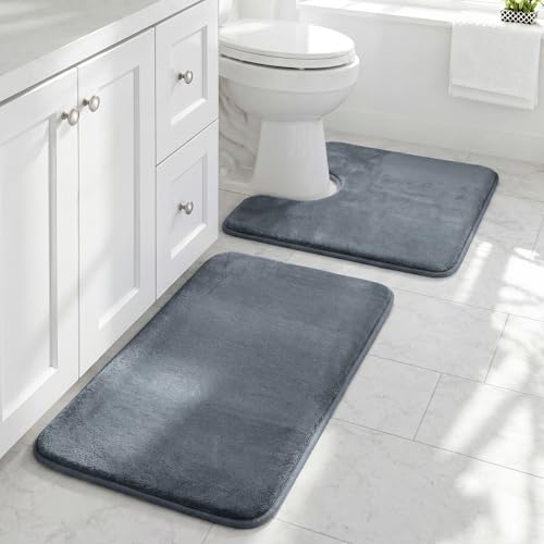 Bathroom Rugs Sets 2 Piece, Non-Slip & Quick Dry Bath Mat Set, Ultra Soft Velvet Bath Rugs for Bathroom, Toilet and Shower Floor, Grey - color: Grey, size: 17"x24"+U Shape 20"x24"