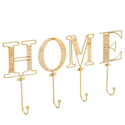 Okuna Outpost 4-Piece Key Holder Wall Mount - Hooks That Spell Home & Rattan Key Hooks - Gold Wall Mount Letter Holder - Vertical/Horizontal Mounting & Room Decor - Gold, Home Letters, 4 x 10 in