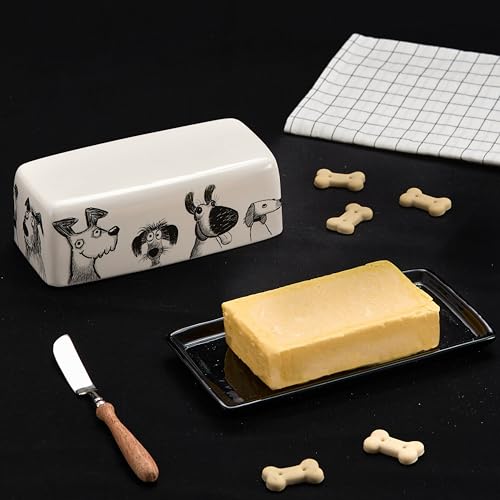 Bico Doodle Pawtrait Ceramic Butter Dish with Lid, Wide Butter Keeper for Counter, Kitchen Countertop, Microwave and Dishwasher Safe - color: Doodle Pawtrait