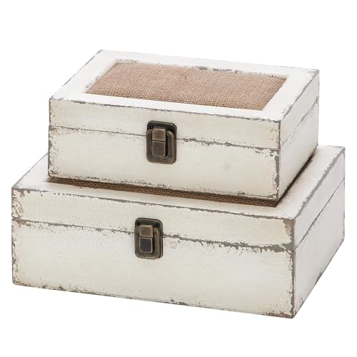 Rustic Ivory Decorative Storage Boxes with Lids Set of 2, Farmhouse Wooden Boxes for Home Decor, Keepsake Boxes Memory Gift Boxes for Living Room, Coffee Table, Entryway, Bedroom