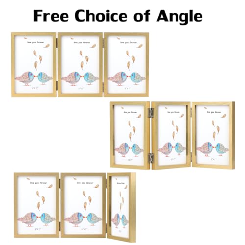 WUTL 3 Picture Frame Triple Collage 5x7 Frames with Real Glass Golden | Trifold Photo Frame, Hinged Foldable, Crystal Clear Real Glass - color: Gold, size: 5x7