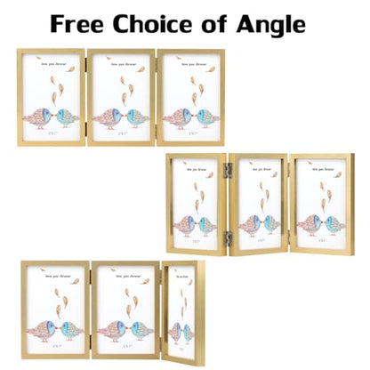 WUTL 3 Picture Frame Triple Collage 5x7 Frames with Real Glass Golden | Trifold Photo Frame, Hinged Foldable, Crystal Clear Real Glass - color: Gold, size: 5x7