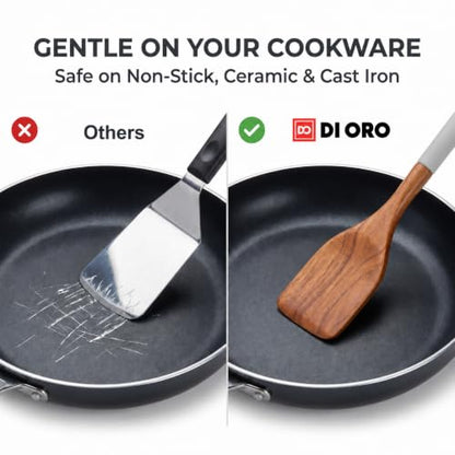 DI ORO Wooden Kitchen Utensil Set - 5-Piece Wooden Spoon & Spatula Set - Nonstick Cookware Safe Teak Wood Cooking Utensils - Heat-Resistant Kitchen Utensils Set with Silicone Handles (Soft Grey) - color: Soft Grey