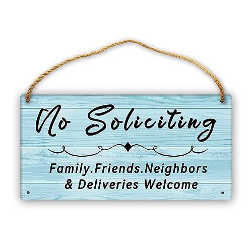 No Soliciting Signs for House Funny Welcome Sign for Front Door 12” x 6”, No Soliciting Family Friends Neighbors Farmhouse Wooden Hanging Sign Plaque Rustic Wall Art Decor for Home Porch Yard - color: No Soliciting-blue