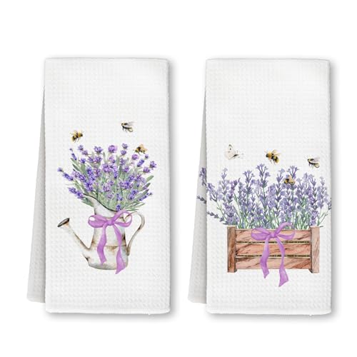 Lavender Floral Kitchen Towels, Cottagecore Country Bee Butterfly Flower Hand Dish Towels Decor, Flower Tea Towel for Kitchen Decorative, Floral Bathroom Decor, 16x24 Inch Set of 2
