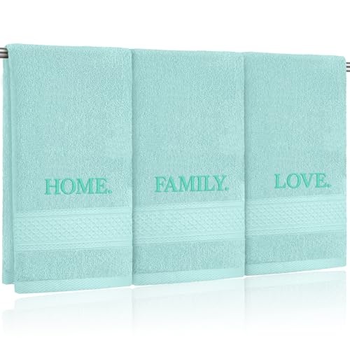 3 Pcs Hand Towels Bathroom Set,Aqua,Home Love Family | Embroidered Cotton Farmhouse Towels, Kitchen Decor, Rustic Boho Decorative with Text Labels, Guest Bath Home - color: Aqua, style: Home Love Family