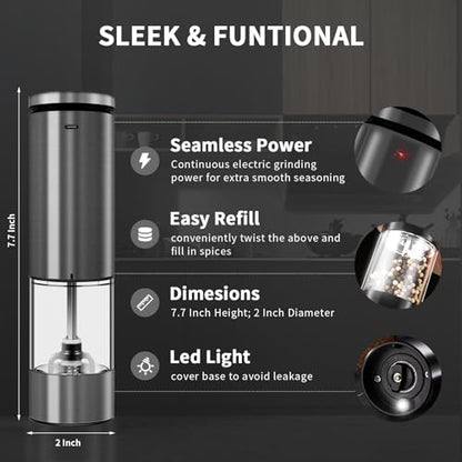 Haomacro Electric Salt and Pepper Grinder Set, Upgraded Larger Capacity | Stainless Steel Automatic Salt and Pepper Mill Set Refillable with 5 Adjustable Coarseness Stainless Steel Top button Shaker