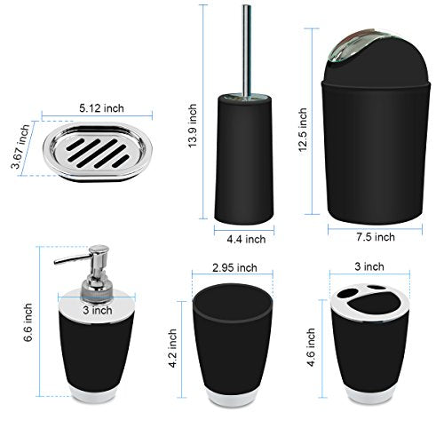 Bathroom Accessories Set, 6-Piece Plastic Gift Set, Toothbrush Holder, Toothbrush Cup, Soap Dispenser, Soap Dish, Toilet Brush Holder, Trash Can (Black) - color: Black