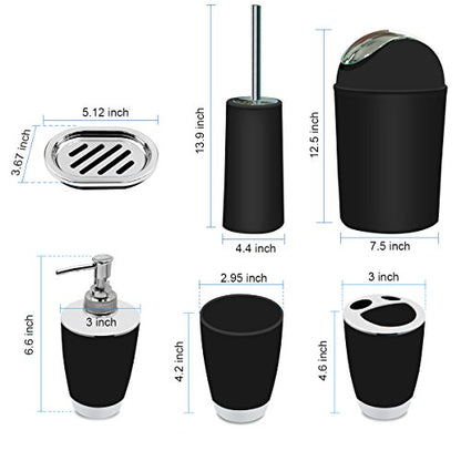 Bathroom Accessories Set, 6-Piece Plastic Gift Set, Toothbrush Holder, Toothbrush Cup, Soap Dispenser, Soap Dish, Toilet Brush Holder, Trash Can (Black) - color: Black