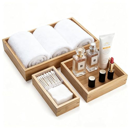 3 Pcs Bamboo Bathroom Tray, Flat Wood Basket Tray, Wooden Shallow Storage Basket, Bamboo Organizer for Bathroom, Living Room, Kitchen Countertop