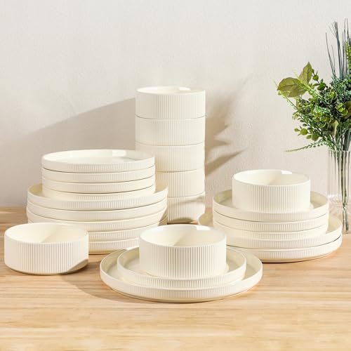 Ceramic Dinnerware Set for 8, 24-Piece Plates and Bowls Set | Lightweight Porcelain Dish Set, Scratch Resistant, Oven & Microwave & Dishwasher Safe, Beige - color: Beige, size: Set (24pcs)
