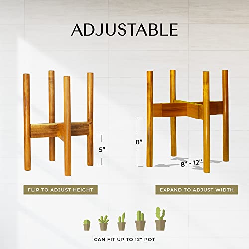Adjustable Solid Acacia Wood Plant Stand for Indoor Plants, Fits 8-12" Pots | Furniture-grade solid acacia wooden plant stand with adjustable width to fit 8–12 inch pots - color: Hardwood
