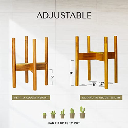 Adjustable Solid Acacia Wood Plant Stand for Indoor Plants, Fits 8-12" Pots | Furniture-grade solid acacia wooden plant stand with adjustable width to fit 8–12 inch pots - color: Hardwood